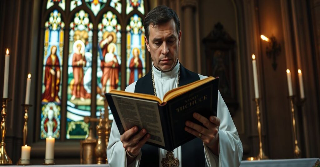 Traditional Catholic priest holding Bible and catechesis document in solemn church setting