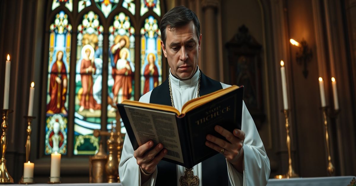Traditional Catholic priest holding Bible and catechesis document in solemn church setting