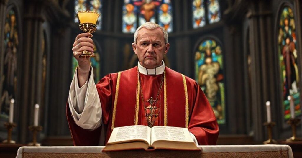 A Catholic priest in traditional attire stands solemnly before an altar, holding a sacred host while looking at an apostate letter on the altar, symbolizing the conflict between true priesthood and modernist heresies.