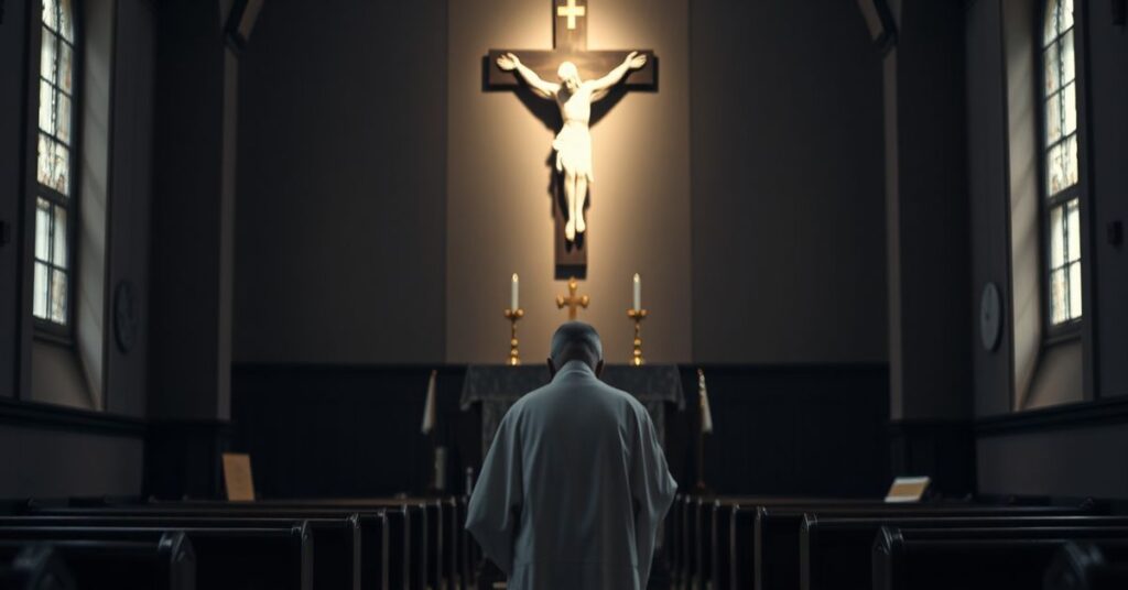 A Catholic priest kneeling in prayer before a crucifix with a letter on the altar addressed to drug traffickers, symbolizing the scandal of the Conciliar Church's betrayal of Christ the King.