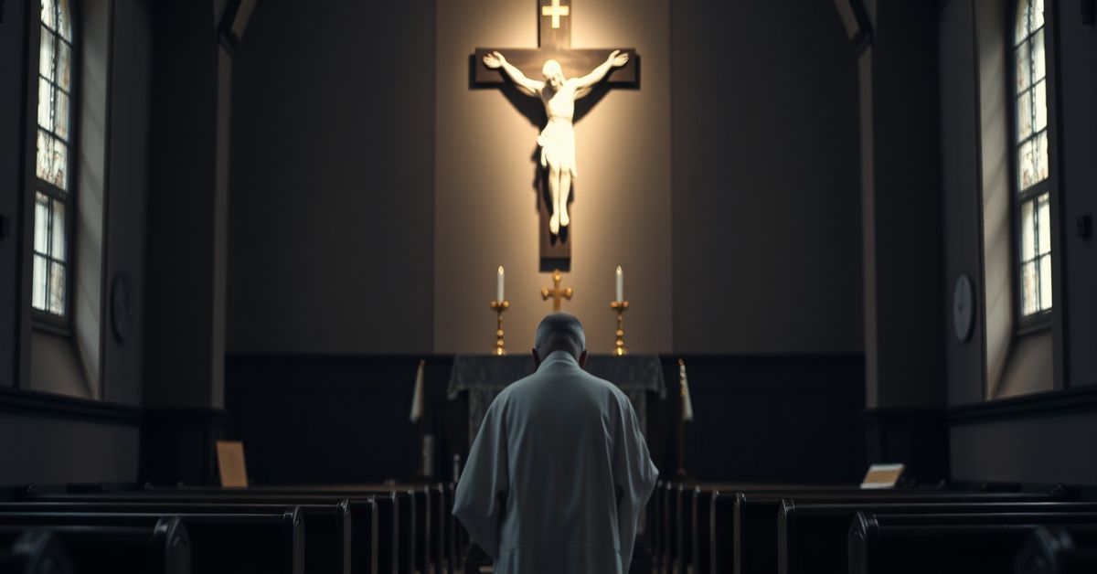 A Catholic priest kneeling in prayer before a crucifix with a letter on the altar addressed to drug traffickers, symbolizing the scandal of the Conciliar Church's betrayal of Christ the King.