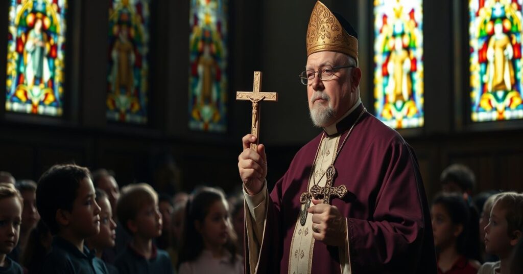 A Catholic priest with children in a church, emphasizing spiritual guidance against digital temptations.
