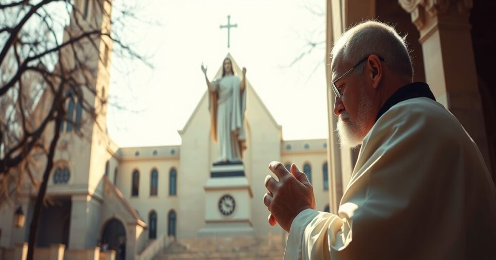 A traditional Catholic priest kneeling in prayer before a statue of Christ the King, symbolizing the struggle between authentic Catholicism and modernist pastoralism.