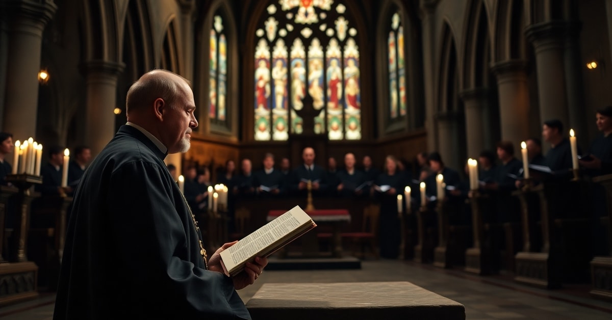A Catholic priest in traditional vestments kneeling before a stone altar in a Gothic church, observing monks singing Gregorian chant by candlelight.