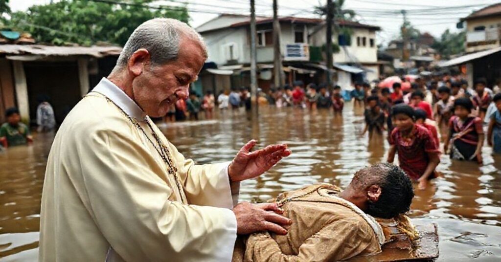 Catholic priest administers last rites to a flood victim in Thailand amidst devastating floods.