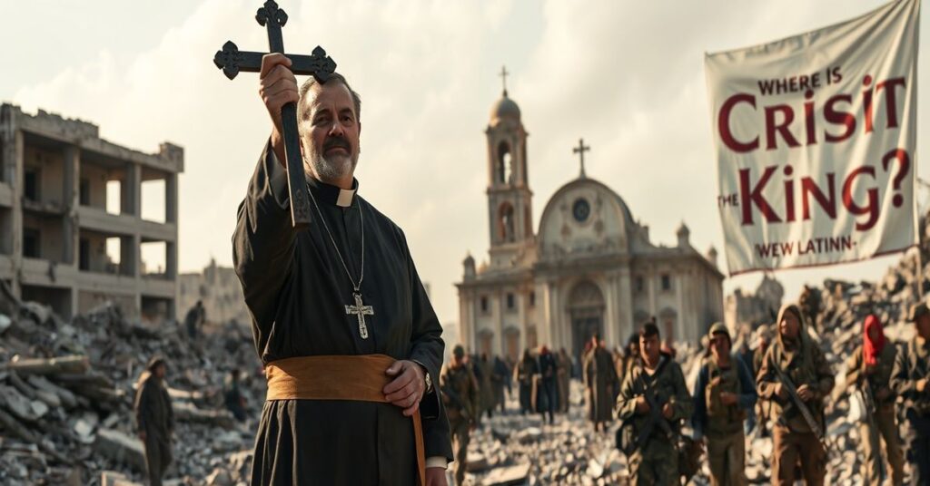 A Catholic priest in traditional cassock stands amidst Middle Eastern ruins, holding a crucifix as displaced families and soldiers look on. The scene symbolizes the omission of Christ's Kingship in modern humanitarian efforts.