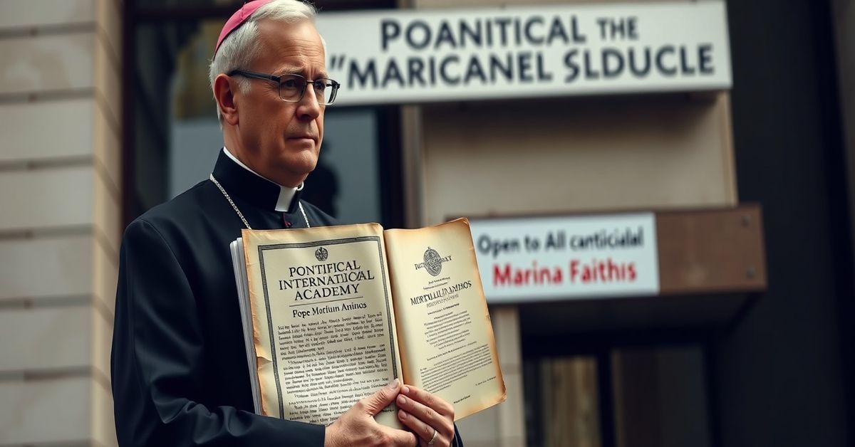 Catholic priest with encyclical Mortalium Animos in front of modernized Pontifical International Marian Academy sign.