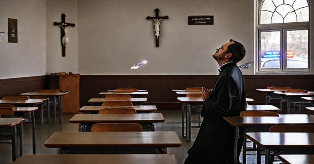 A priest in traditional cassock kneels in prayer in an empty Catholic school classroom with police cars outside during a bomb hoax crisis.