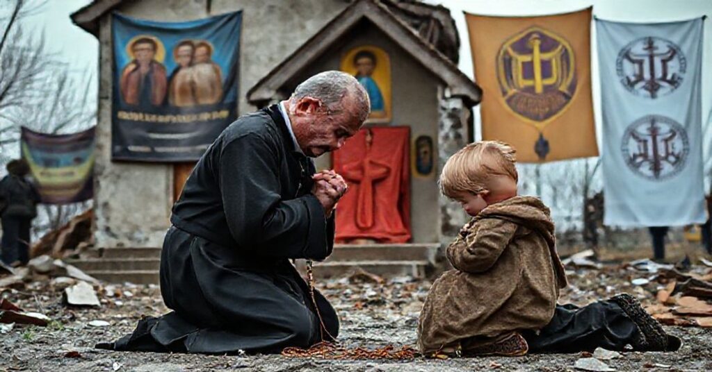 A traditional Catholic priest praying for a Ukrainian child amid war and apostasy.