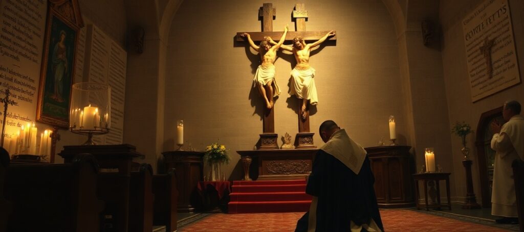 Traditional Catholic priest praying before a crucifix in a reverent chapel setting, highlighting the contrast between true Catholic doctrine and modernist apostasy.