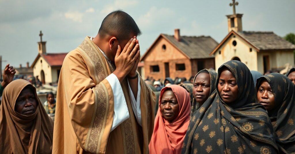 A Catholic priest in traditional vestments praying over persecuted Christian women in Nigeria, symbolizing faith amid persecution and the need for evangelization.