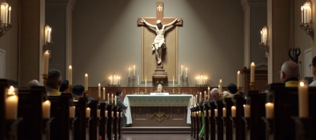Traditional Catholic priest praying in a solemn chapel before a crucifix and statue of Our Lady of Sorrows, symbolizing the sanctity of life and opposition to euthanasia.