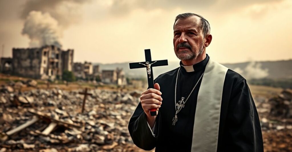 Catholic priest in traditional vestments praying before a war-torn landscape symbolizing Hamas' terrorist attacks on Israeli civilians.