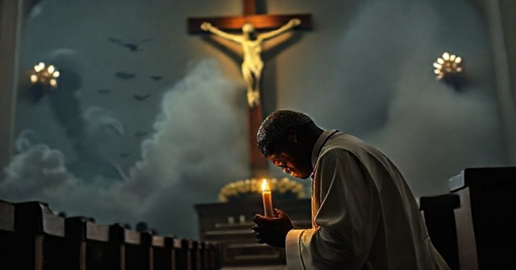 Catholic priest praying before a crucifix with U.S. military strikes in Nigeria in the background, symbolizing the contrast between secular and supernatural defense of Christians.