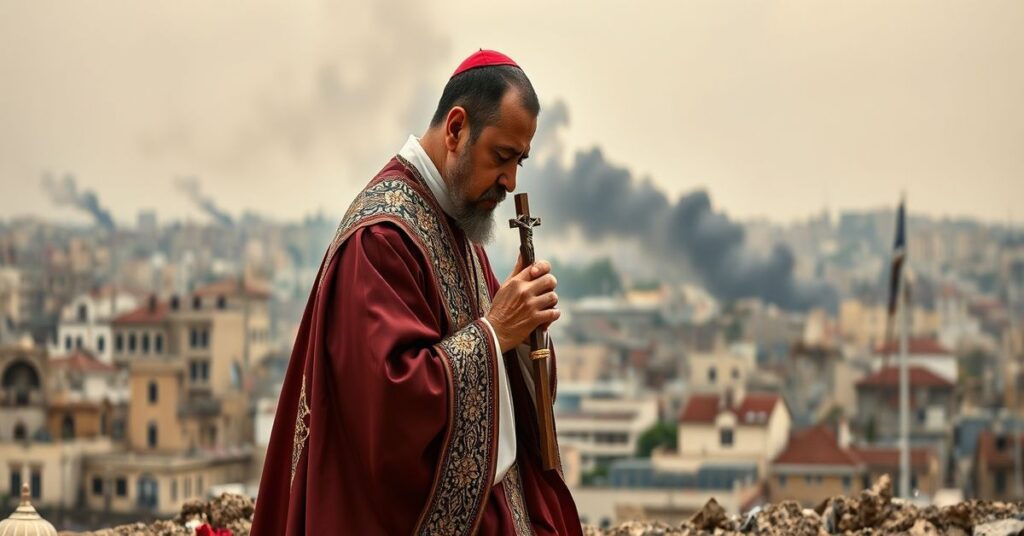 A traditional Catholic priest kneels in prayer before a war-torn Middle Eastern cityscape, holding a crucifix with a solemn expression of sorrow and contemplation.