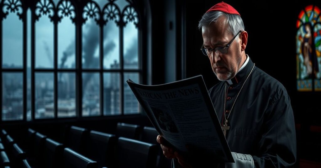 A traditional Catholic priest reads Vatican News report on Middle East conflict with a solemn expression and crucifix in hand.