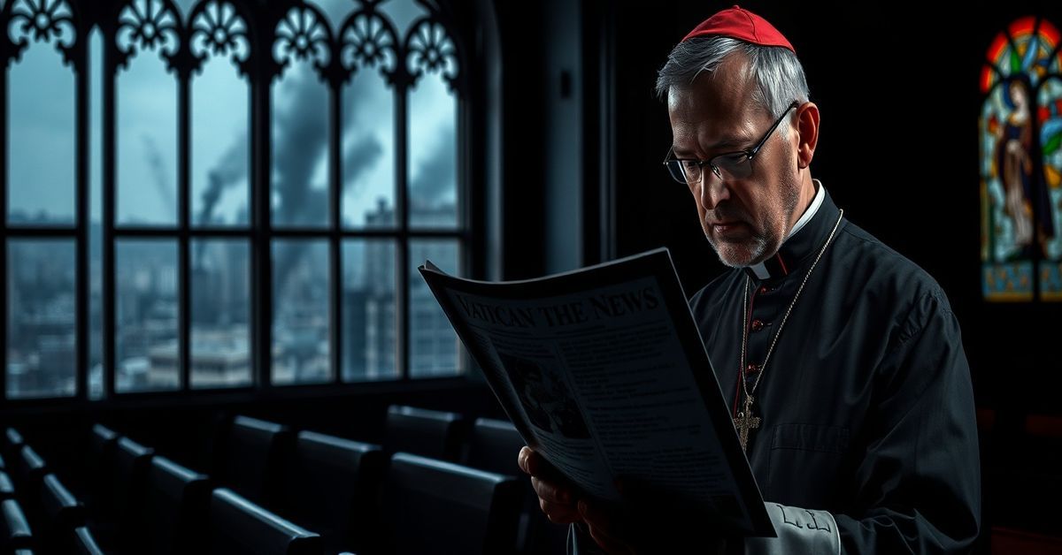 A traditional Catholic priest reads Vatican News report on Middle East conflict with a solemn expression and crucifix in hand.