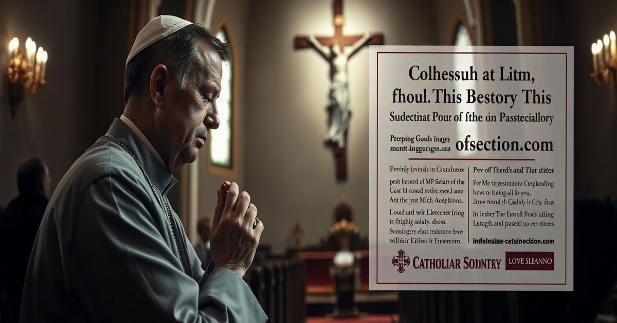 A traditional Catholic priest kneeling in prayer before a crucifix, reflecting on the apostasy within modern Catholic institutions.