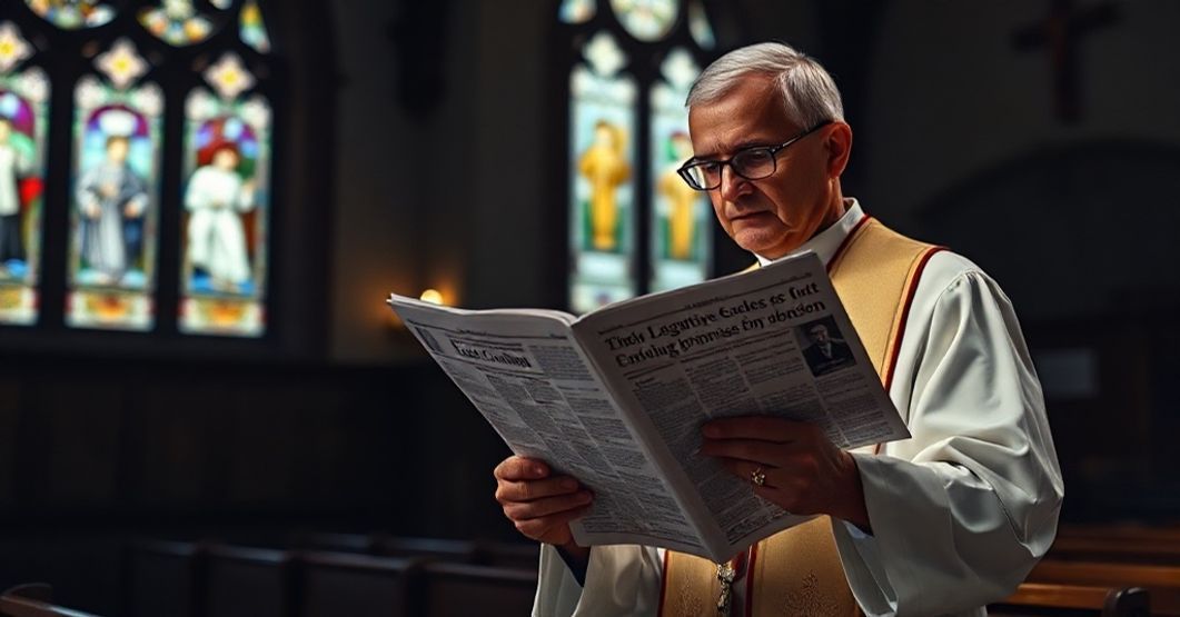 A Catholic priest contemplates legislative compromises on abortion in a solemn church setting.