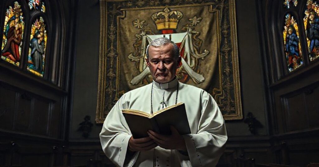 A traditional Catholic priest in solemn reflection within a historic chapel, symbolizing the illegitimate succession in the modern neo-Church.