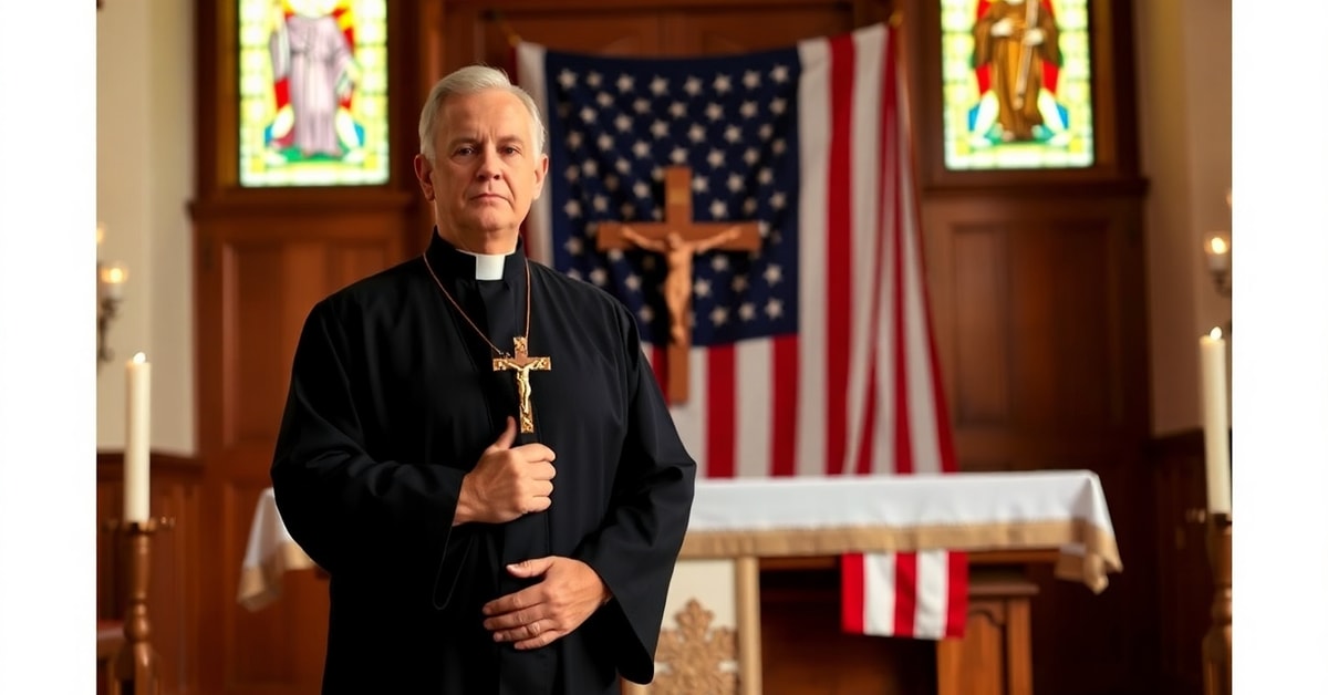 Catholic priest rejecting idolatrous patriotism with crucifix and crossed-out flag symbol