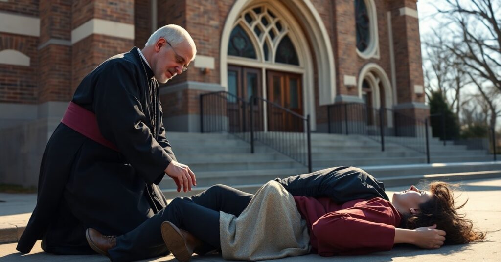 Rev. Canon Jean-Baptiste Commins in cassock subdues a hit-and-run suspect while aiding an injured woman outside St. Joseph Shrine in Detroit.