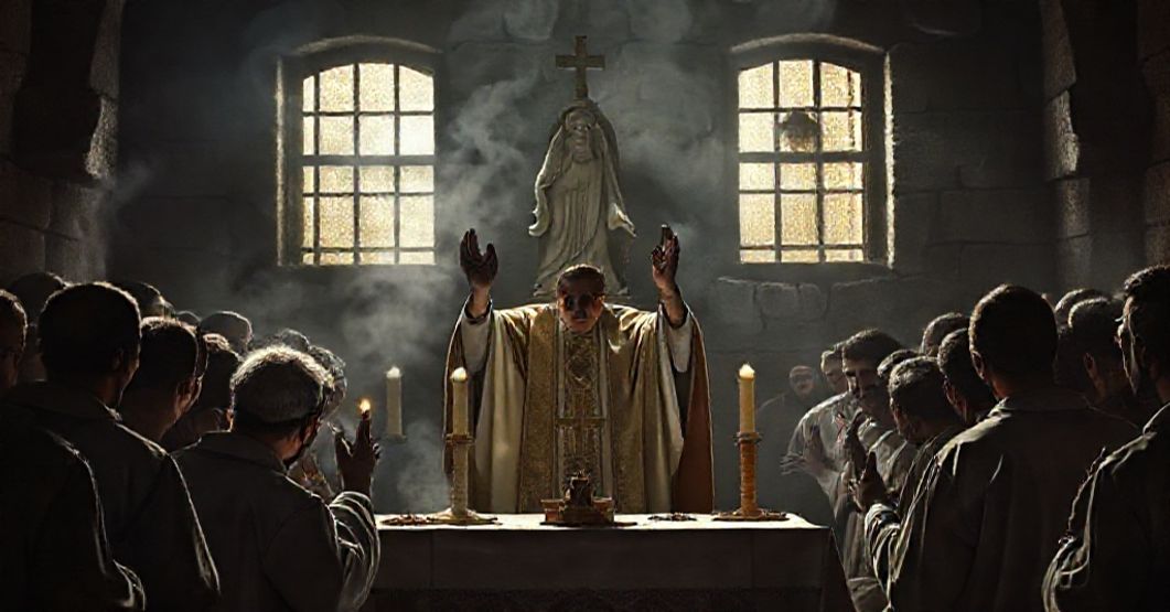 Antipope Leo XIV celebrating a Mass in a prison chapel with inmates, surrounded by modernist symbols and devoid of supernatural grace.