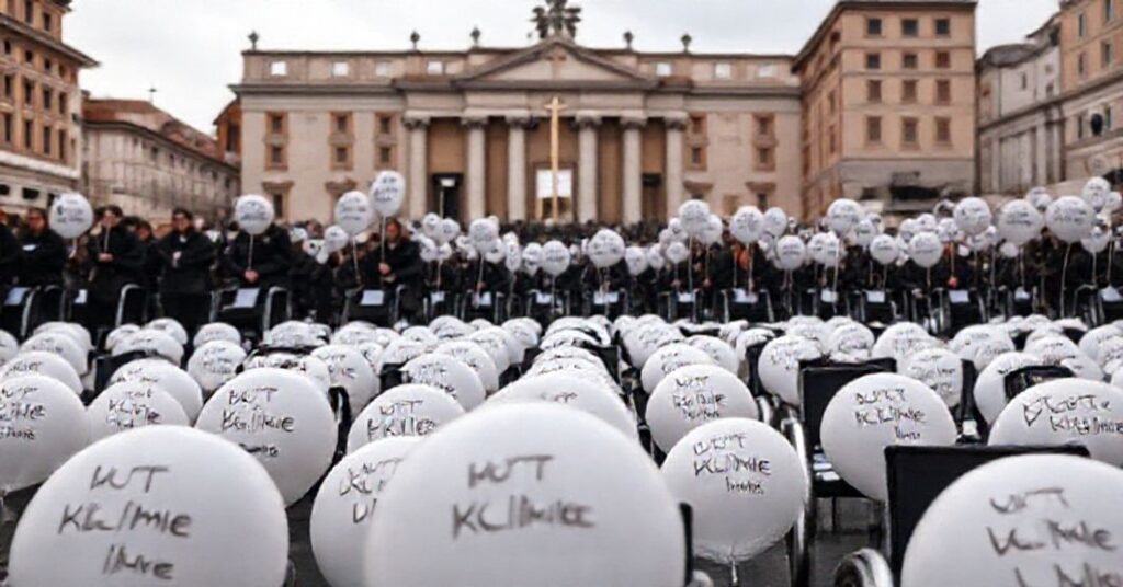 Solemn demonstration against assisted suicide in Rome's Piazza del Popolo with empty wheelchairs and 'Don't Kill Me' balloons