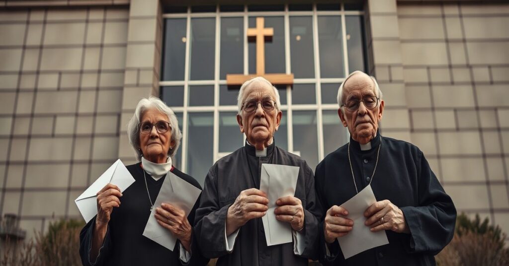 Elderly retirees in distress holding empty pension envelopes outside a corporate office building with a faint cross in the background.