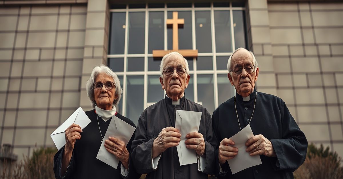 The Betrayal of Catholic Principles in the Providence Pension Settlement Elderly retirees in distress holding empty pension envelopes outside a corporate office building with a faint cross in the background.
