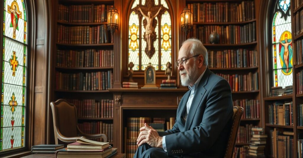 Portrait of psychiatrist Paul McHugh in a traditional Catholic library discussing naturalism vs. Catholic kingship.