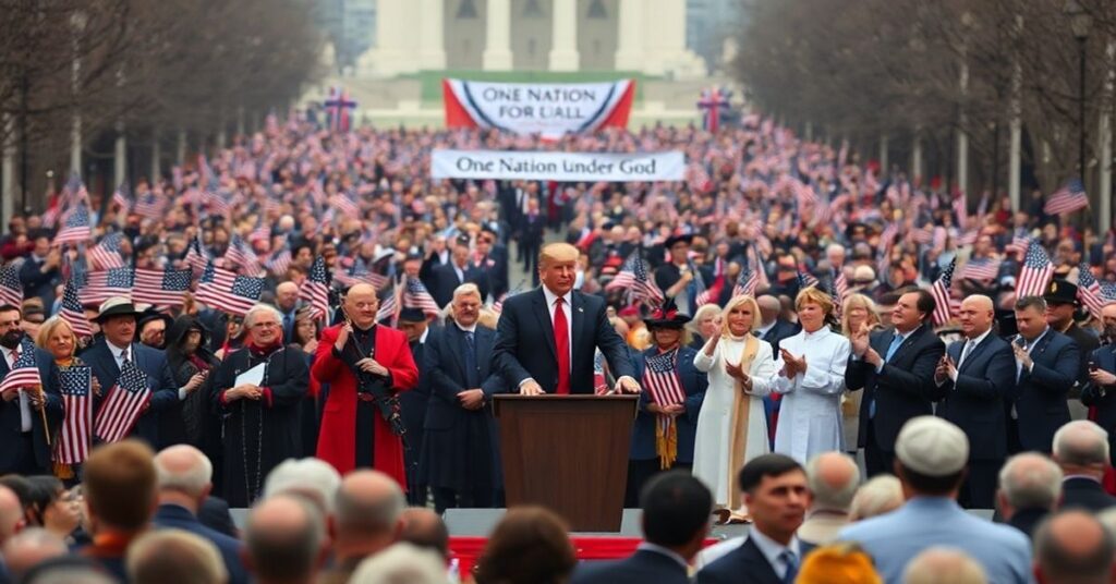 Somber image of the 'Rededicate 250' event on the National Mall, featuring President Trump, 'Bishop' Barron, and Jonathan Roumie amid a non-liturgical gathering.