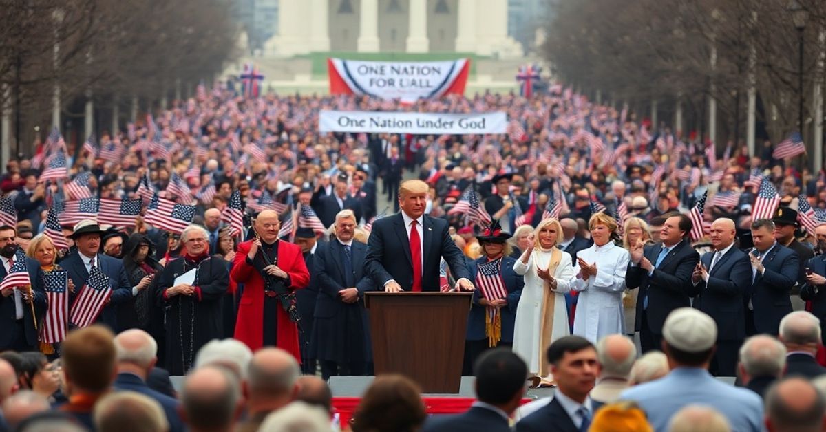 Somber image of the 'Rededicate 250' event on the National Mall, featuring President Trump, 'Bishop' Barron, and Jonathan Roumie amid a non-liturgical gathering.