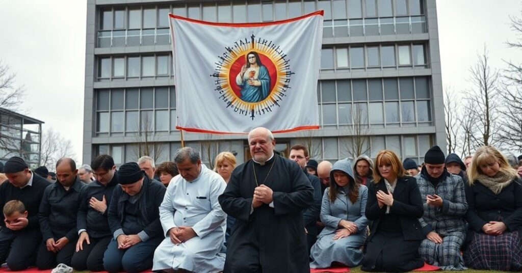 Traditional Catholics pray outside an abortion facility in Regensburg, Germany, emphasizing spiritual warfare against abortion.