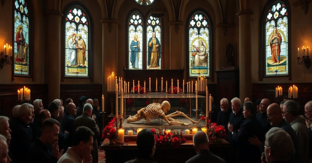A reverent image of a traditional Catholic church interior with a reliquary containing the skeletal remains of St. Francis of Assisi, adorned with candles and flowers. Devout pilgrims kneel in prayer.