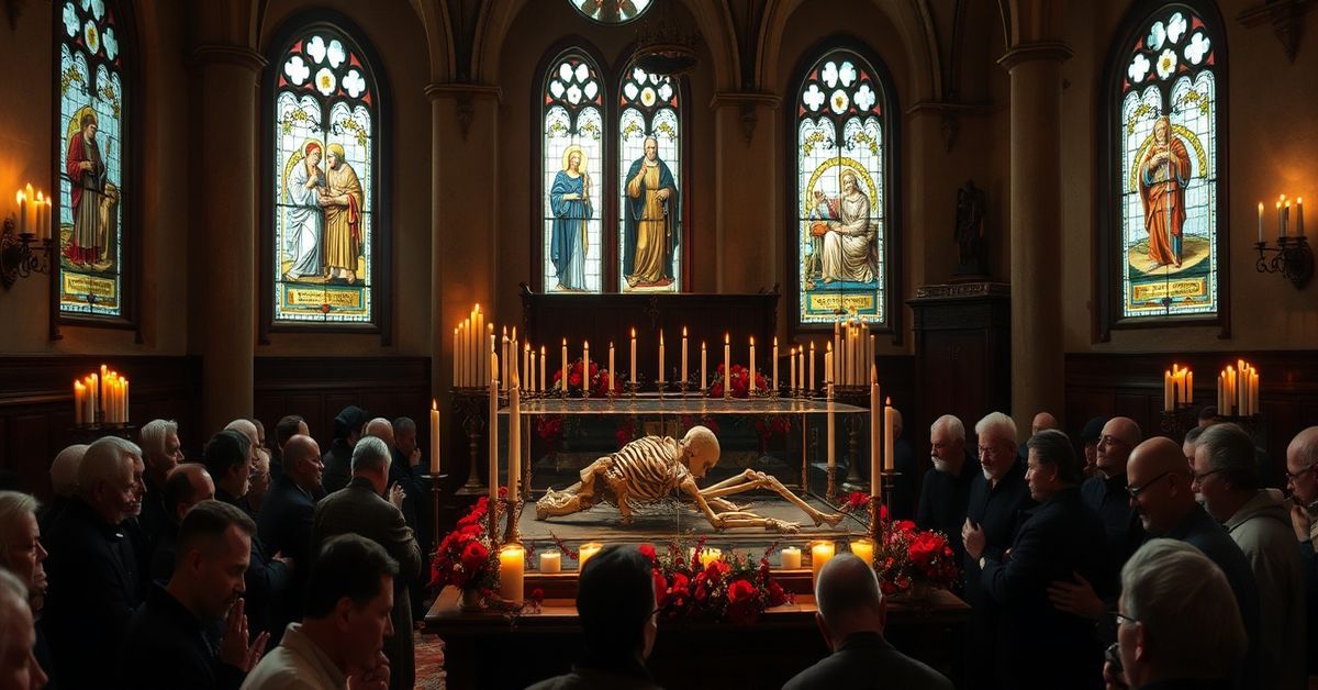 Relic Veneration in Assisi: A Traditional Catholic Perspective A reverent image of a traditional Catholic church interior with a reliquary containing the skeletal remains of St. Francis of Assisi, adorned with candles and flowers. Devout pilgrims kneel in prayer.