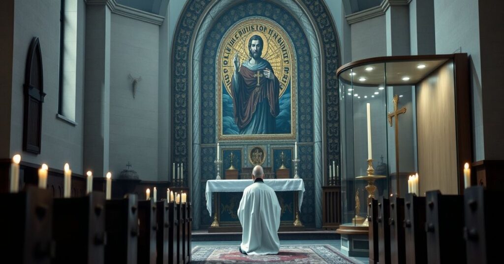 A reverent Catholic chapel interior with the empty display case of St. Peter's relics, symbolizing their removal to a schismatic patriarch. A distraught priest prays in the foreground.
