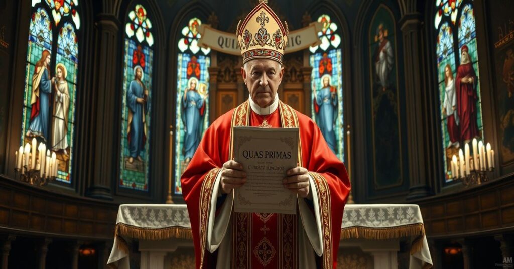 A Catholic bishop holding 'Quas Primas' before an altar symbolizing Christ's Social Kingship.