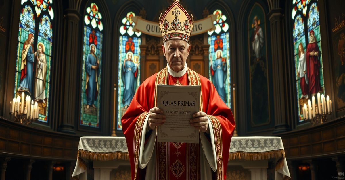 A Catholic bishop holding 'Quas Primas' before an altar symbolizing Christ's Social Kingship.