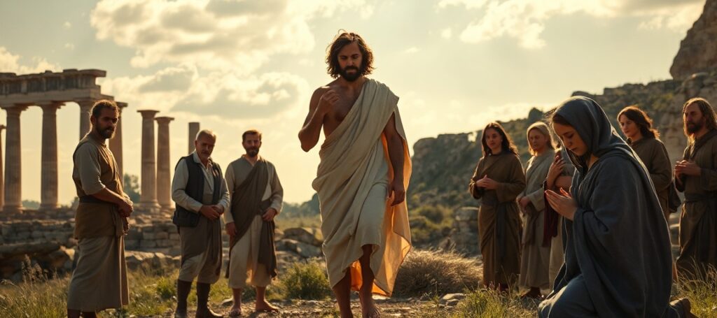 A reverent depiction of the Resurrection of Christ in an Italian landscape with actors portraying biblical figures in a solemn and contemplative scene.