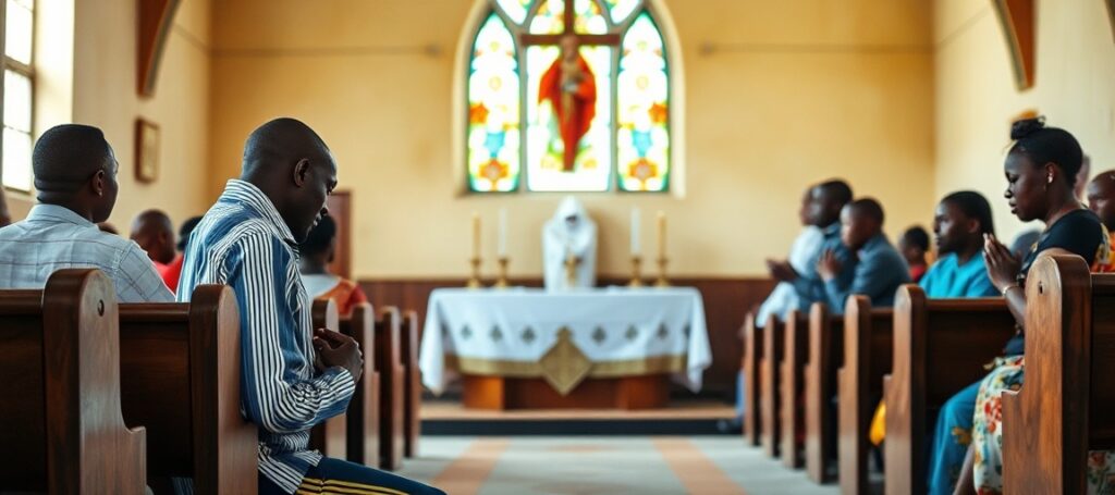 Kenyan marathon runner Sabastian Sawe kneeling in prayer before a solemn Mass in a rural Kenyan church, emphasizing faith and humility over worldly success.