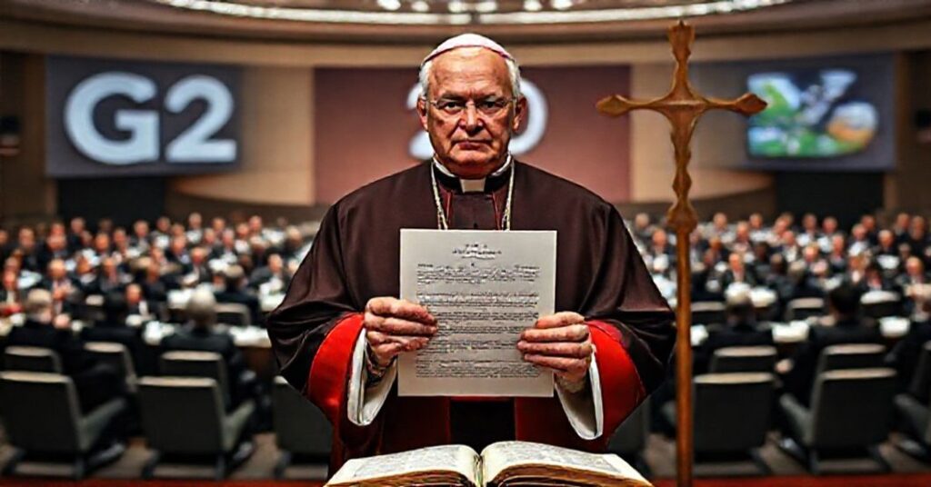 Solemn Catholic bishop in traditional vestments before G20 summit backdrop, holding document endorsing resolutions with cross and open Bible in the foreground