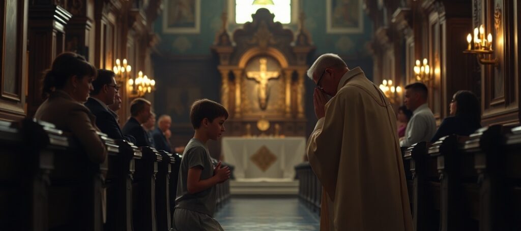 A young Catholic penitent kneels in confession before a priest in a traditional church setting, contrasting with blurred lay "listening agents" in the background.