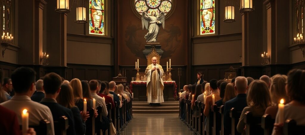 A somber scene inside a traditional Catholic church where usurper Leo XIV addresses young confirmands, highlighting the sacramental crisis in the conciliar sect.