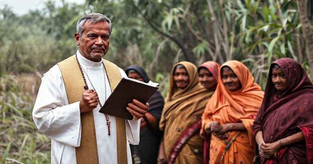 Traditional Catholic priest offering spiritual guidance to widows in rural Bangladesh amidst the Sundarbans mangrove forest.