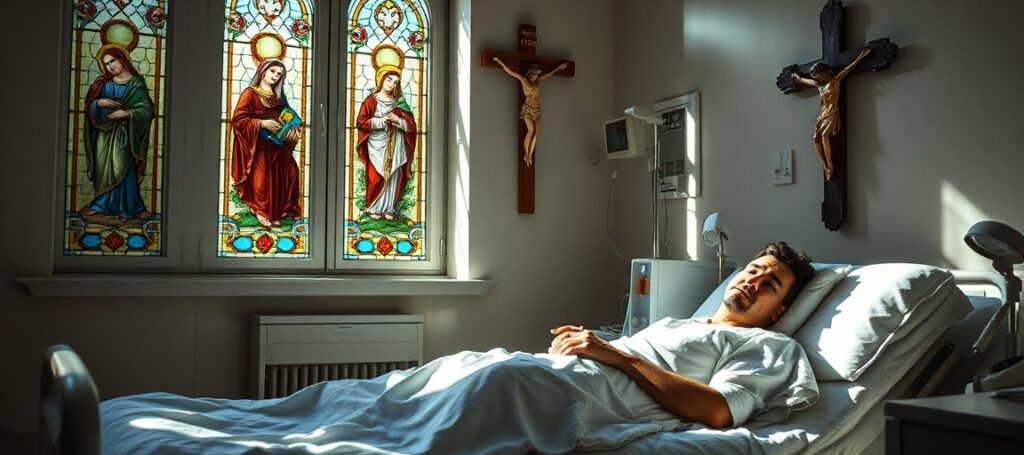 A traditional Catholic hospital room scene with a dying man receiving last rites from a priest, his wife by his side.