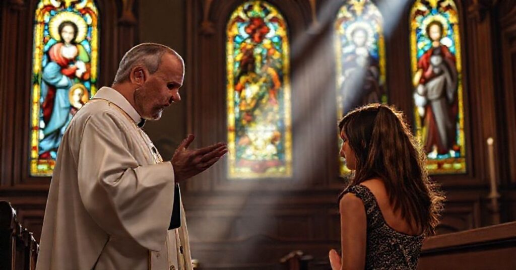 A Catholic priest extends absolution to a repentant woman in a traditional confessional, emphasizing the Church's teaching on abortion as a grave sin requiring sacramental repentance.