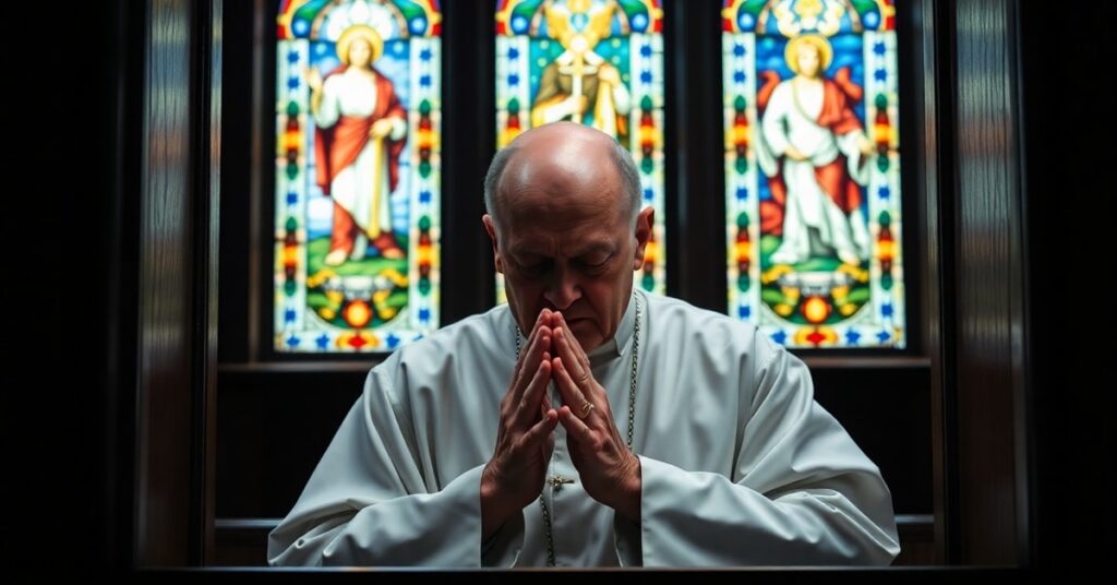 A solemn Catholic priest in a confessional booth contemplating the sacred duty of the sacramental seal against secular state demands.