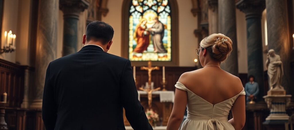 A Catholic couple kneeling in prayer before an altar with a crucifix and stained-glass window depicting the Holy Family.