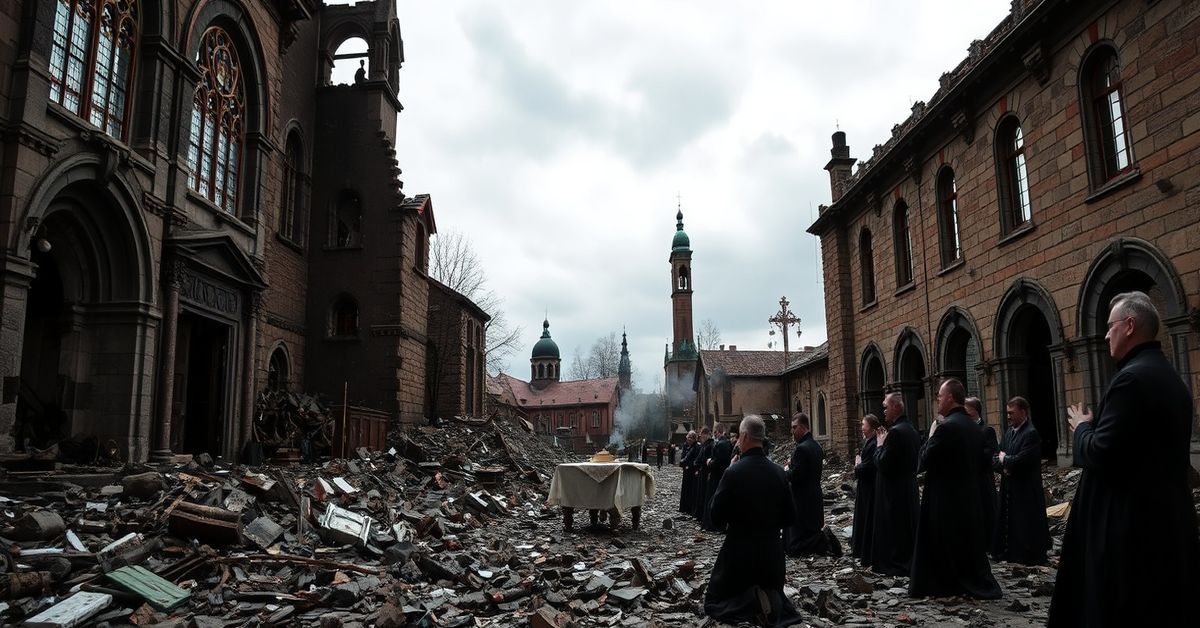 Ruins of St. Andrew's Church in Lviv after a Russian missile strike, showing desecrated sacred interior and kneeling clergy in prayer.